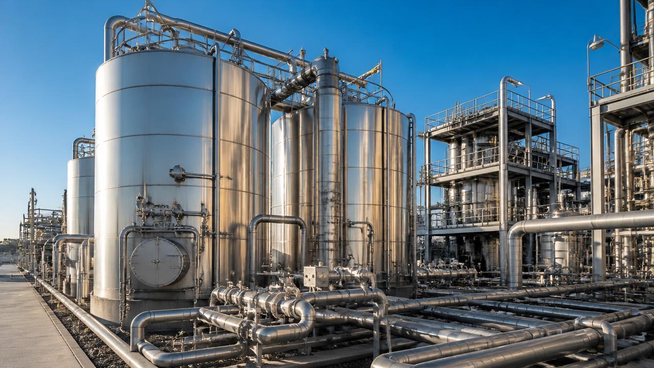 Industrial process plant with tanks and piping where measurement points are installed
