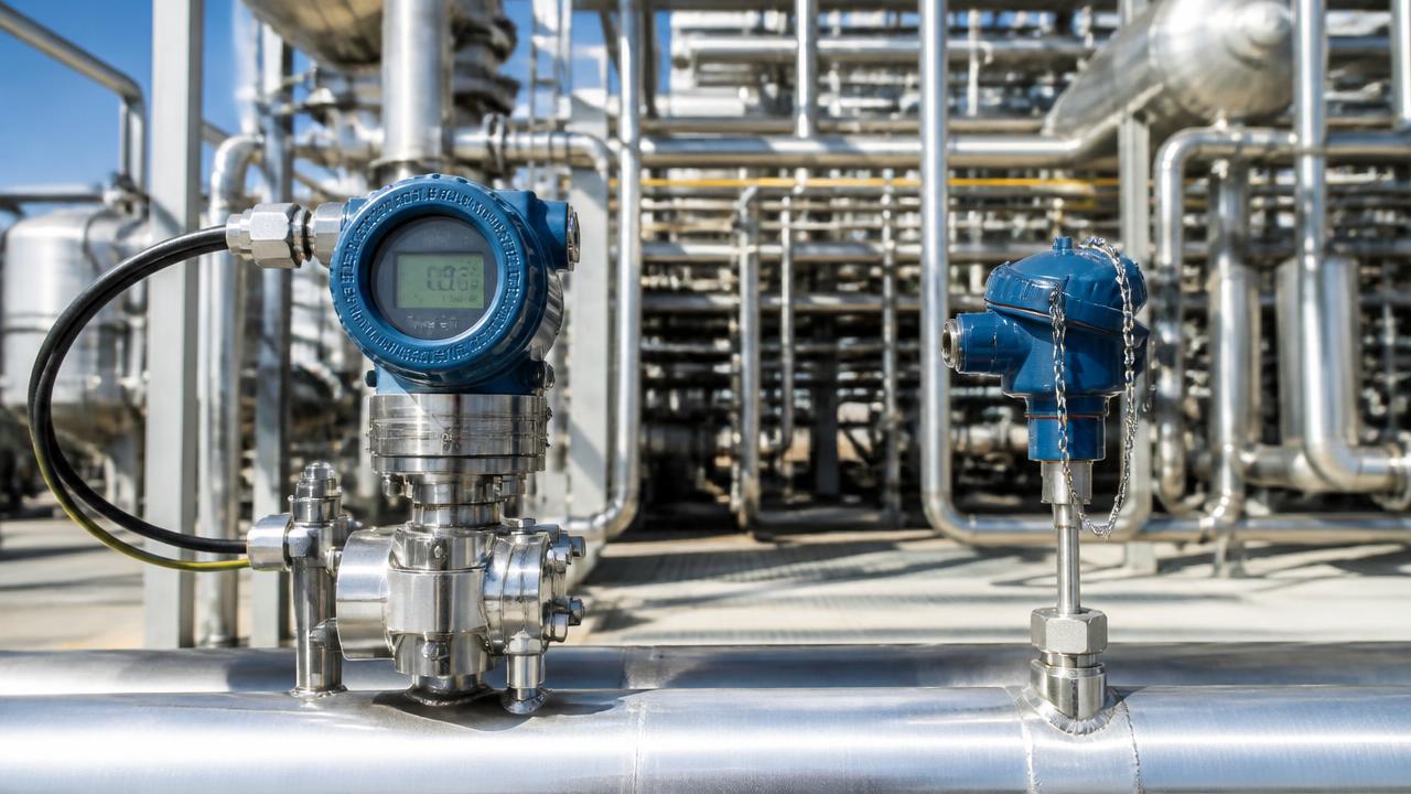 Pressure and temperature transmitters mounted on stainless steel process piping