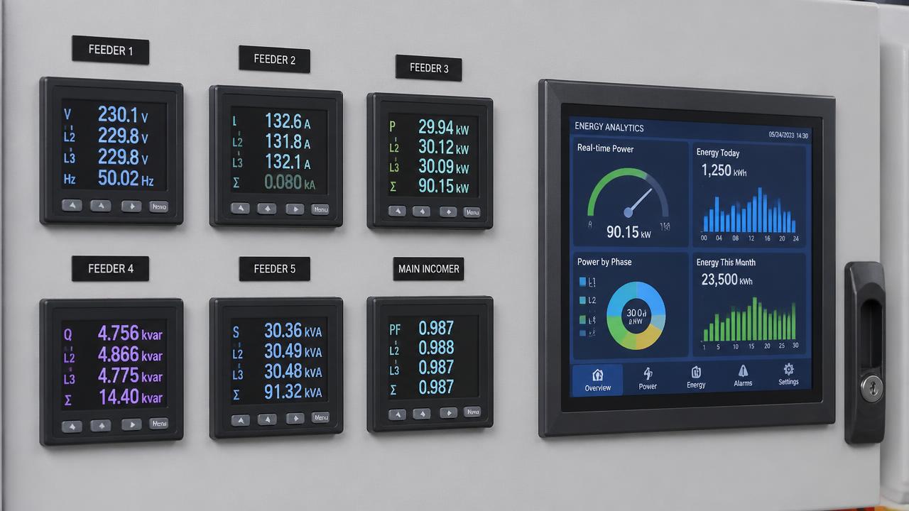 Panel-mounted power meters and an energy analytics display on a switchboard