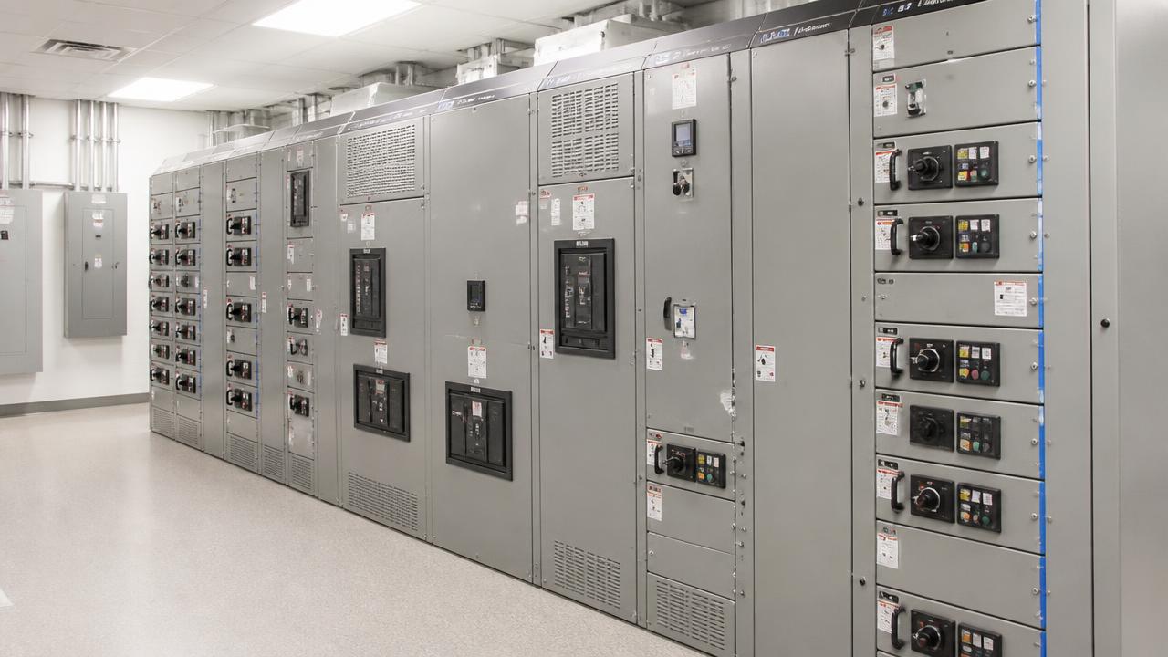 Installed low-voltage switchboard and motor control lineup in an electrical room