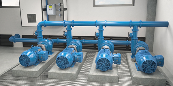 WEG motor-pump assemblies in an indoor pumping room
